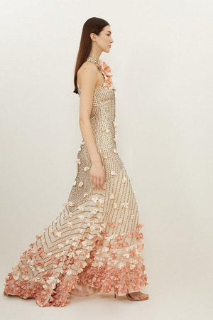 Karen Millen UK SALE Floral Applique Crystal Embellished Woven Maxi Rosette Maxi Dress - gold