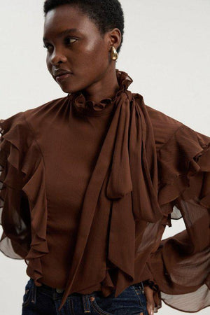 Karen Millen UK SALE Georgette Ruffle Woven Pussy Bow Blouse - chocolate