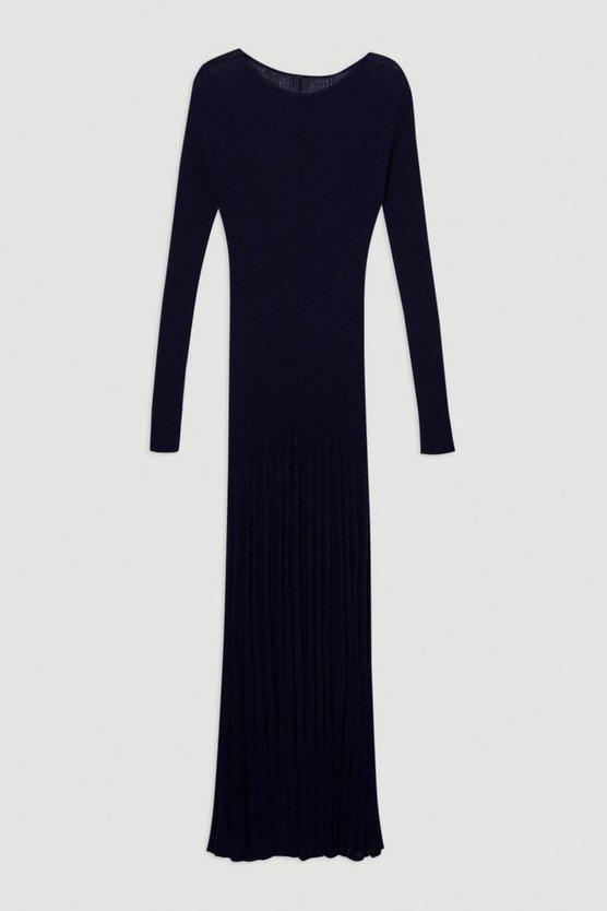 Karen Millen UK SALE Drapey Sheer Rib Knitted Midi Dress - navy