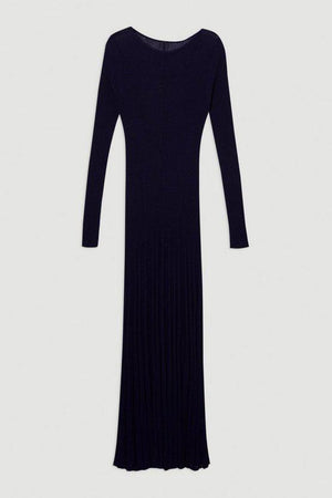 Karen Millen UK SALE Drapey Sheer Rib Knitted Midi Dress - navy