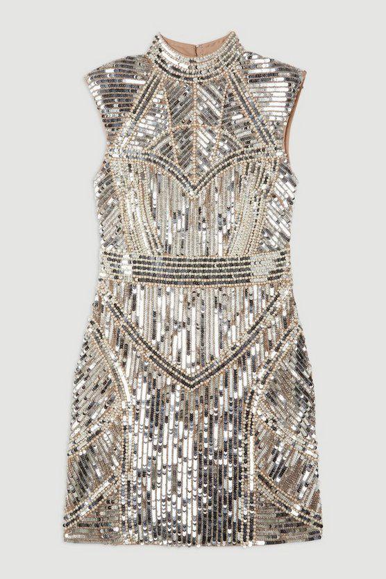 Karen Millen UK SALE Embellished Sequin And Beaded Strong Shoulder Mini Dress - nude