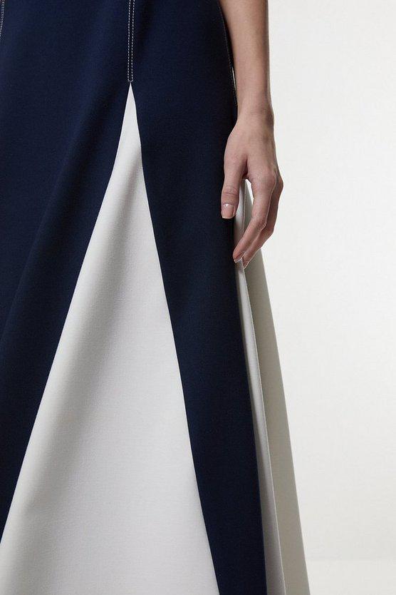 Karen Millen UK SALE Compact Stretch Tailored Colour Block Full Skirted Midi Dress - navy