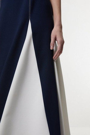 Karen Millen UK SALE Compact Stretch Tailored Colour Block Full Skirted Midi Dress - navy