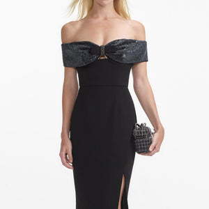 SELF PORTRAIT SS24 Black Crepe Bow Midi Dress