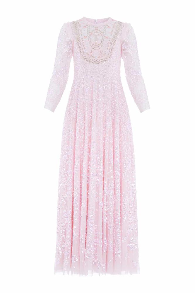 Needle & Thread CYBER SALE Victorian Wreath Gloss Long Sleeve Gown - pink