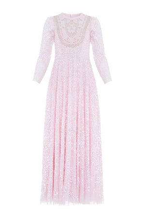 Needle & Thread CYBER SALE Victorian Wreath Gloss Long Sleeve Gown - pink