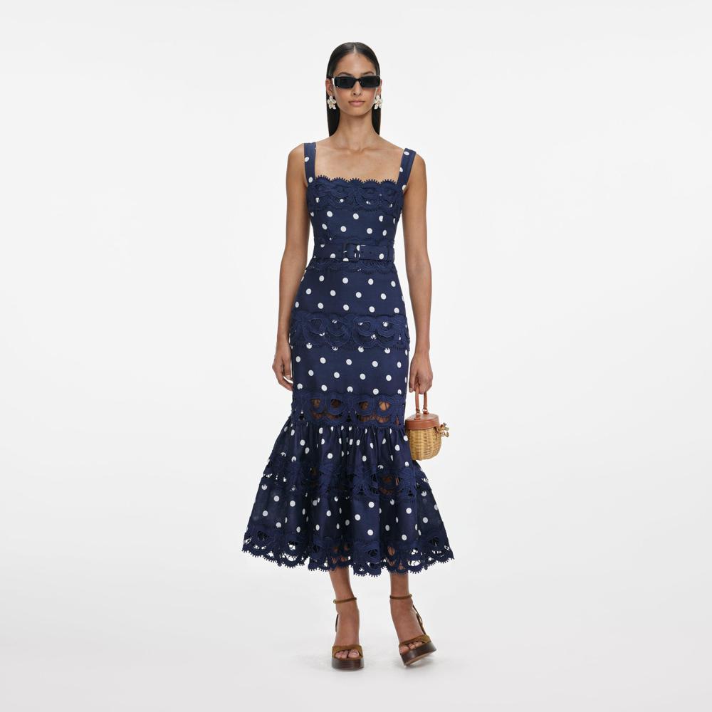 SP VIP PRICE Navy Polka Dot Linen Midi Dress