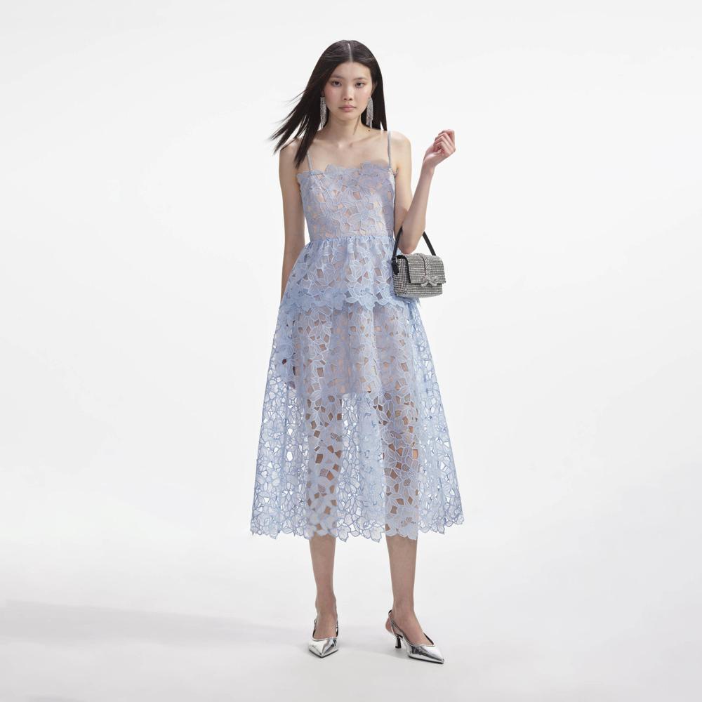 SELF PORTRAIT SS24 Blue Organza Lace Midi Dress