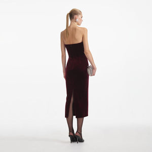 SELF PORTRAIT VIP SS24 Burgundy Velvet Midi Dress