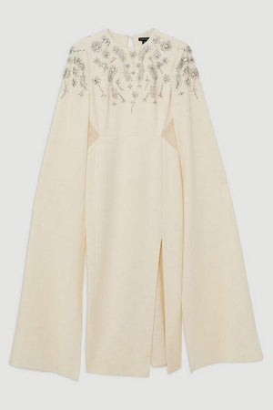 Karen Millen UK SALE Compact Stretch Viscose Crystal Embellished Cape Maxi Dress - ivory