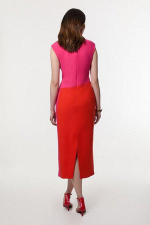 Karen Millen UK SALE Compact Stretch Colourblock Tailored Pencil Dress - hot pink