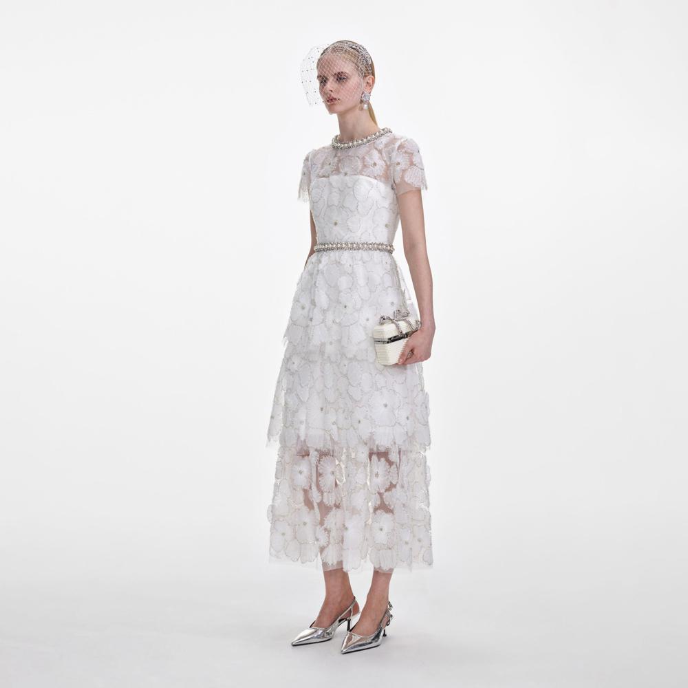 SELF PORTRAIT SS25 VIP PRICE White Embellished Tulle Tiered Midi Dress