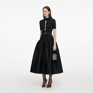 SP VIP PRICE Black Knit Taffeta Midi Dress