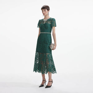 SELF PORTRAIT SS24 Green Lace Diamante Bow Midi Dress