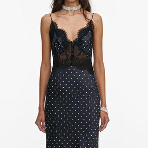 SP VIP PRICE Polka Dot Satin Lace Maxi Dress