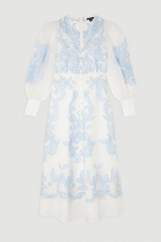 Karen Millen UK SALE Applique Organdie Buttoned Woven Maxi Dress - baby blue