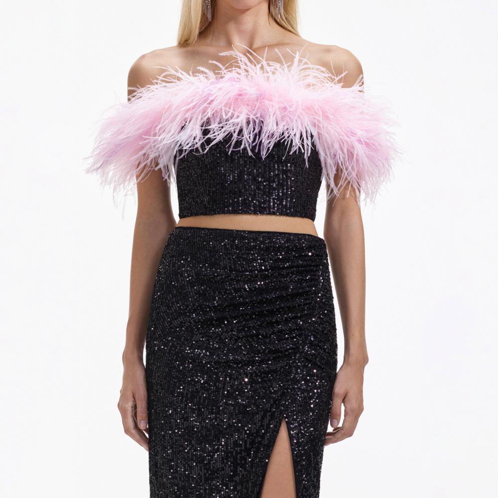 SELF PORTRAIT BLACK FRIDAY SALE Black Sequin Feather Crop Top