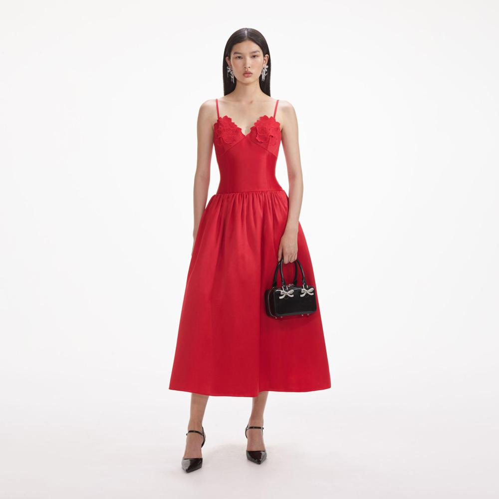 SELF PORTRAIT SS24 Red Taffeta Midi Dress