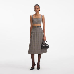 SELF PORTRAIT SS24 Brown Check Pleated Midi Skirt