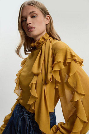 Karen Millen UK SALE Georgette Ruffle Woven Pussy Bow Blouse - ochre