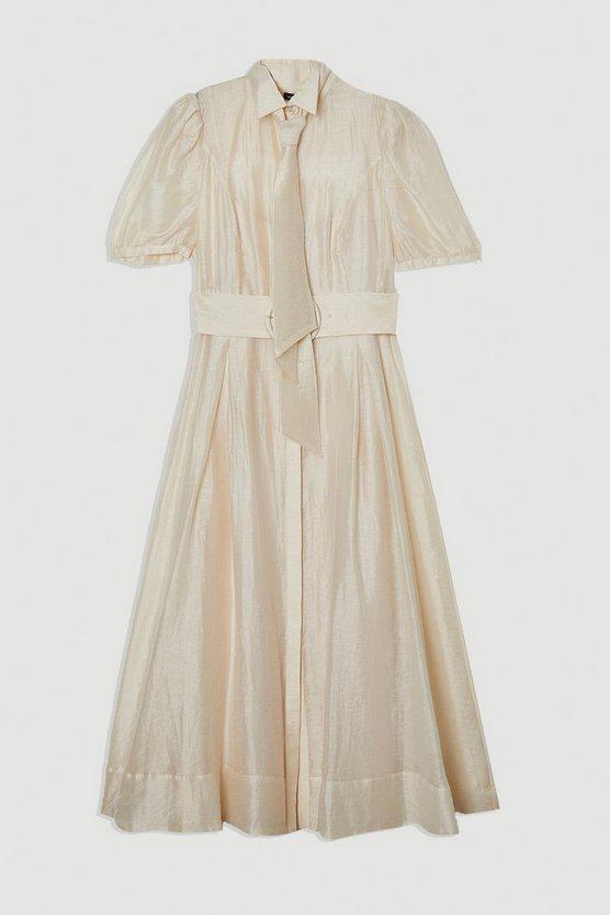 Karen Millen UK SALE Organdie Tie Neck Woven Midi Dress - ivory