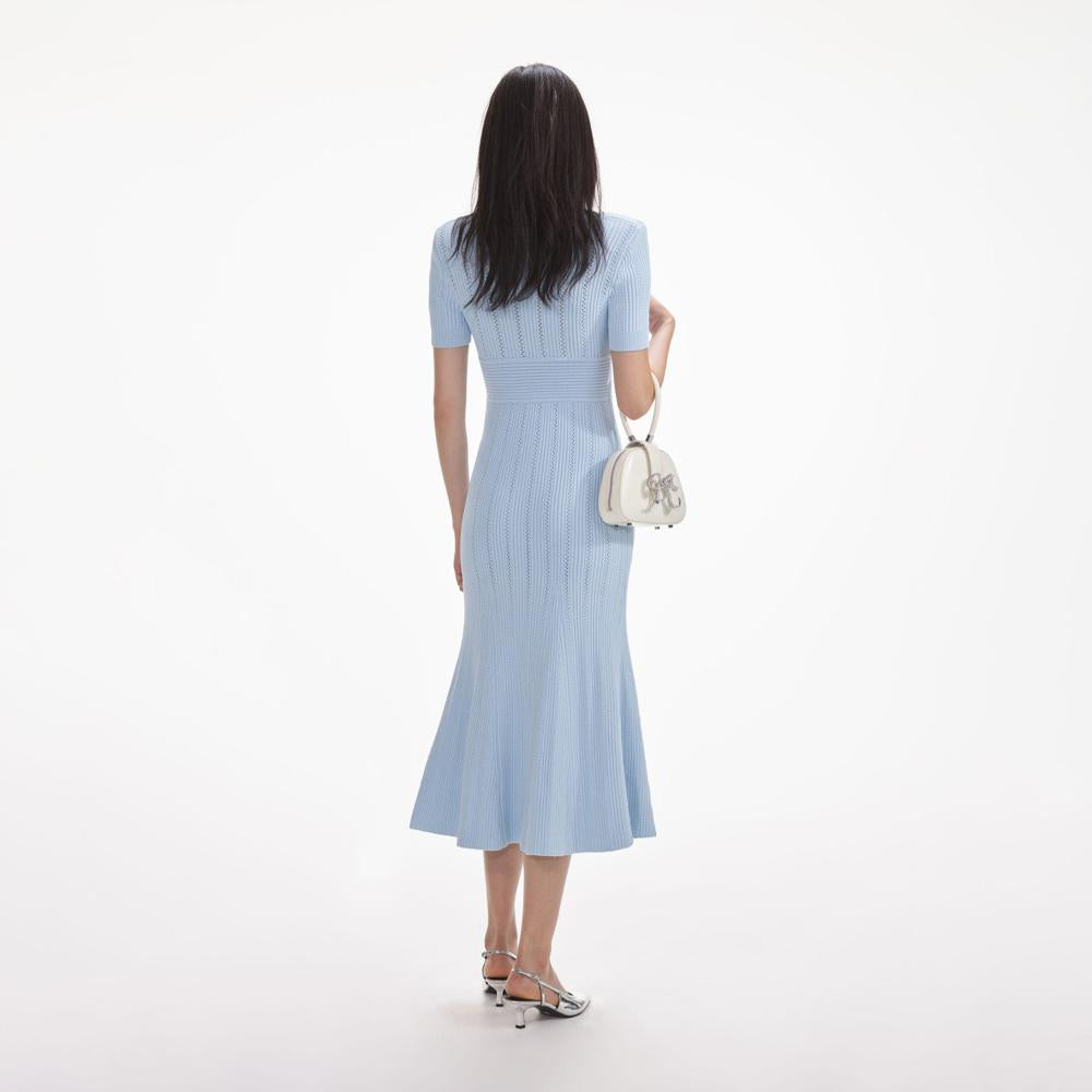 SELF PORTRAIT SS24 Blue Pointelle Knit Midi Dress