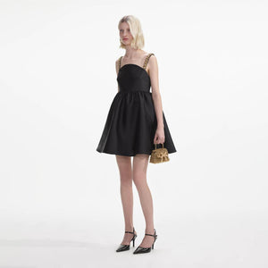 SELF PORTRAIT SS24 Black Taffeta Embellished Mini Dress