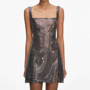 SP VIP PRICE Gunmetal Rhinestone Mesh Mini Dress