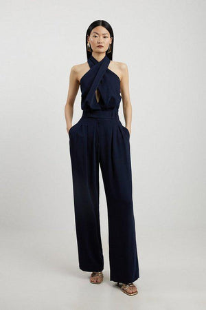 Karen Millen UK SALE Soft Tailored Halterneck Straight Leg Jumpsuit - navy