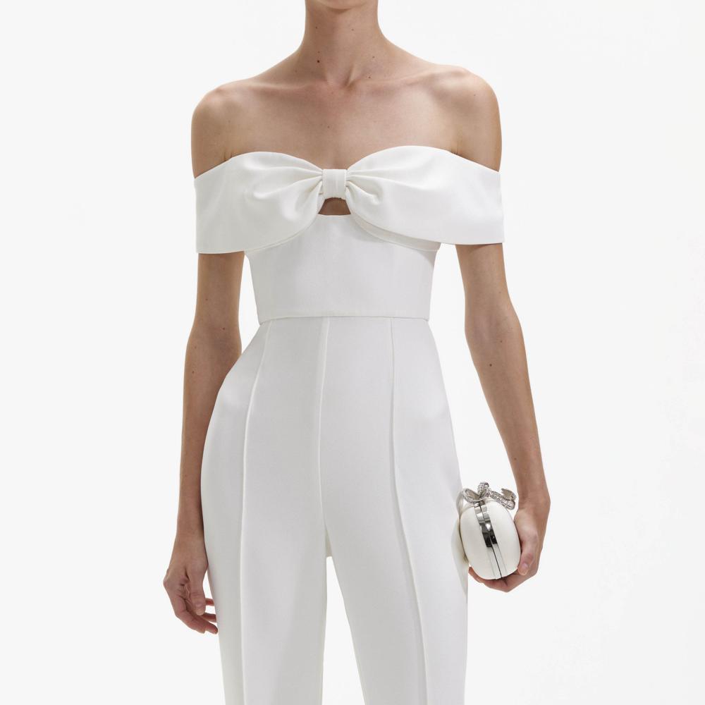 SELF PORTRAIT BLACK FRIDAY SALE White Crepe Bow Jumpsuit