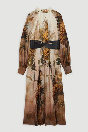 Karen Millen UK SALE Lydia Millen Silk Cotton Border Print Belted Maxi Dress