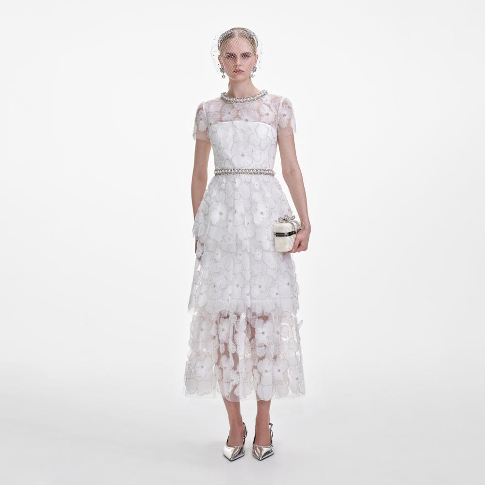 SELF PORTRAIT SS25 VIP PRICE White Embellished Tulle Tiered Midi Dress