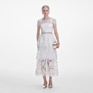 SELF PORTRAIT SS25 VIP PRICE White Embellished Tulle Tiered Midi Dress