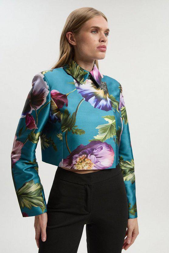 Karen Millen UK SALE Rose Floral Twill Cropped Woven Jacket