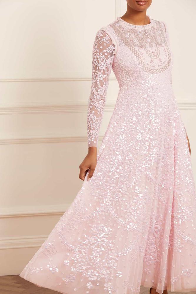 Needle & Thread CYBER SALE Victorian Wreath Gloss Long Sleeve Gown - pink