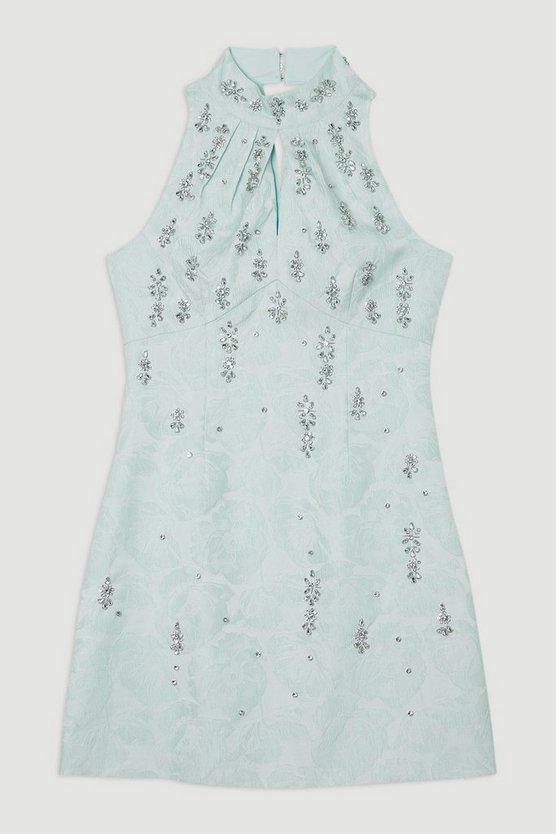 Karen Millen UK SALE Texture Jacquard Crystal Embellished High Neck Woven Mini Dress - sage
