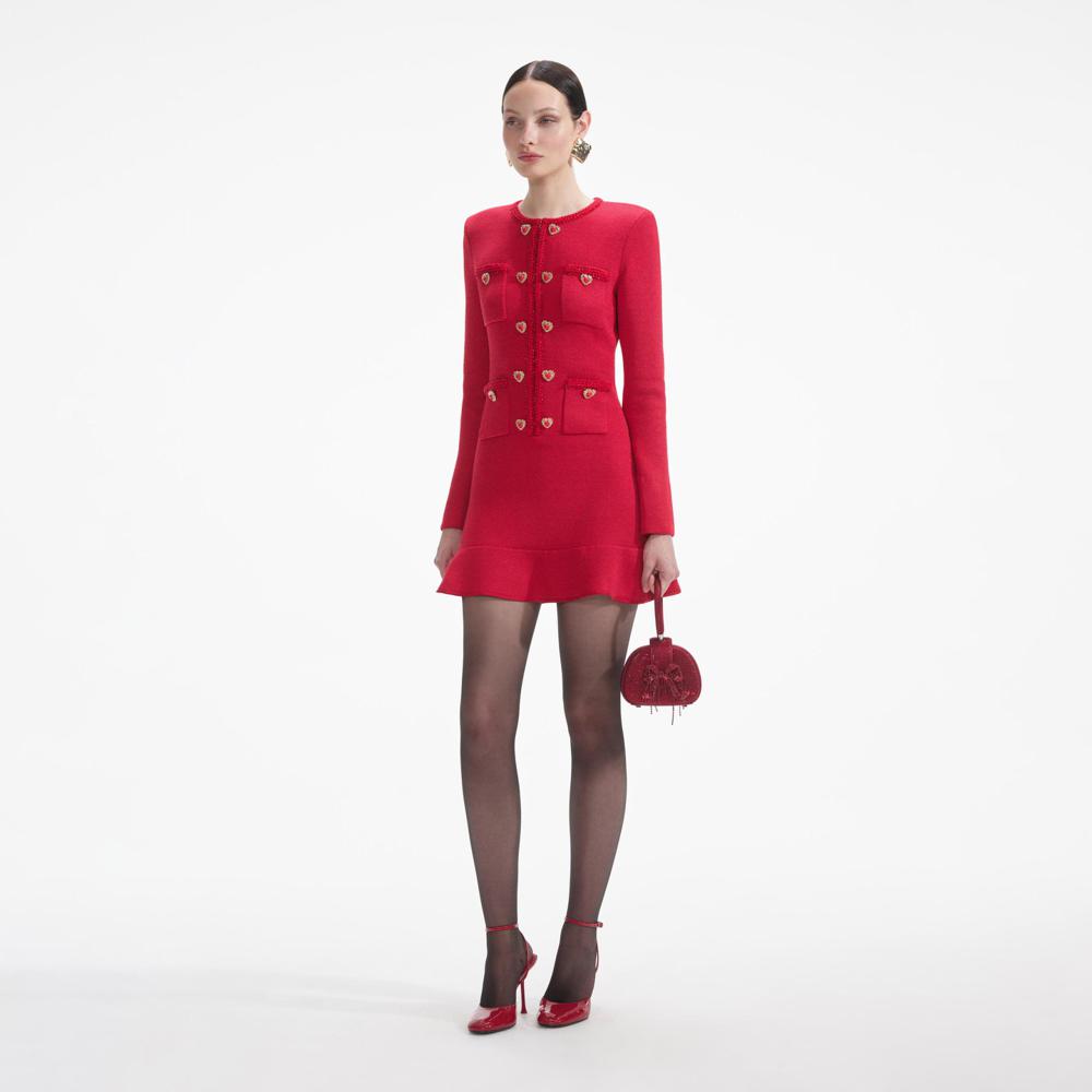 SELF PORTRAIT SS24 Red Knit Heart Buttoned Mini Dress