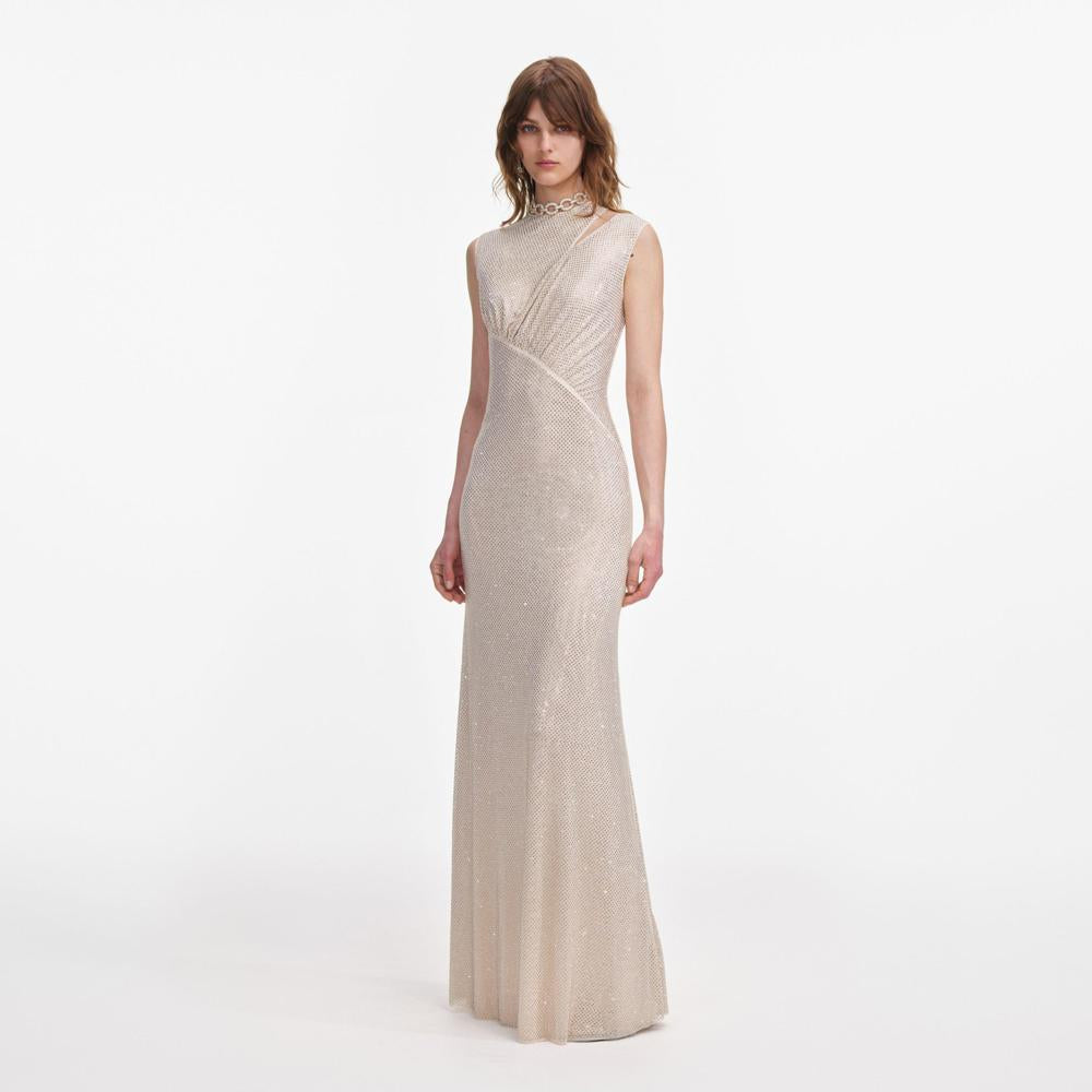 SP VIP PRICE Champagne Rhinestone Cut Out Maxi Dress