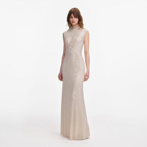 SP VIP PRICE Champagne Rhinestone Cut Out Maxi Dress