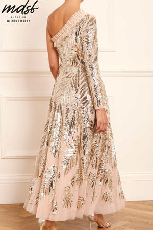 Needle & Thread PO and SALE Feather Sequin One-Shoulder Ankle Gown - beige