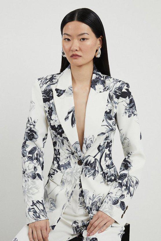Karen Millen UK SALE Tailored Crepe Mono Floral Single Breasted Blazer