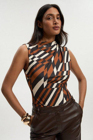 Karen Millen UK SALE Geo Printed Jersey Crepe Asymmetrical Neck Detail Top