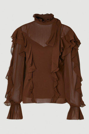Karen Millen UK SALE Georgette Ruffle Woven Pussy Bow Blouse - chocolate