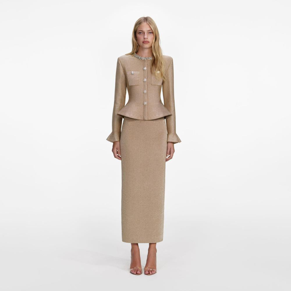 SP VIP PRICE Gold Crystal Trim Knit Midi Dress
