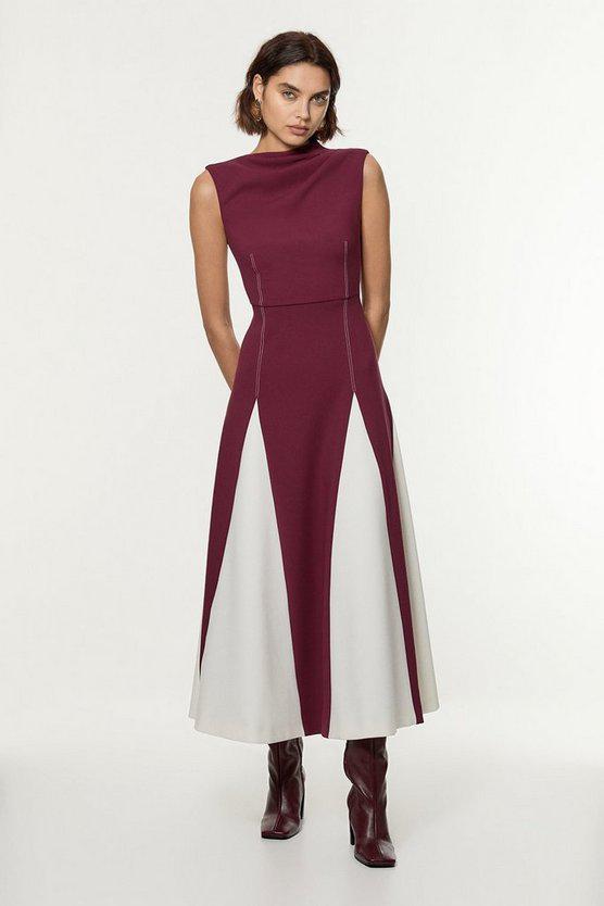 Karen Millen UK SALE Compact Stretch Tailored Colour Block Full Skirted Midi Dress - fig