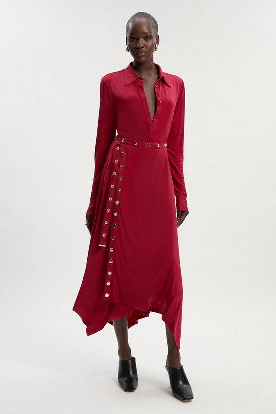 Karen Millen UK SALE Drapey Crepe Hanky Hem Eyelet Detail Maxi Skirt - burgundy