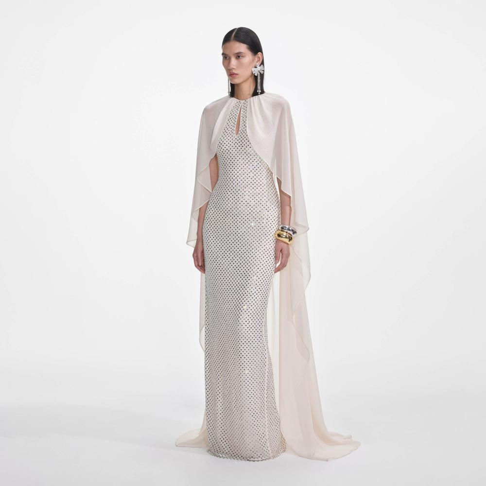 SELF PORTRAIT SS25 VIP PRICE Cream Rhinestone Cape Maxi Dress