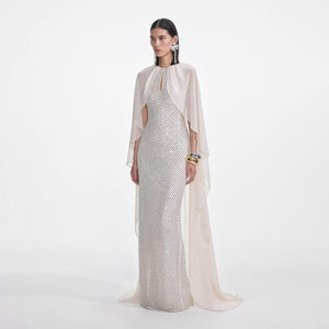 SELF PORTRAIT SS25 VIP PRICE Cream Rhinestone Cape Maxi Dress