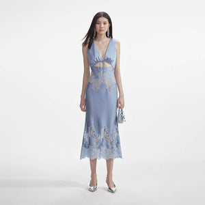 SELF PORTRAIT SS24 Blue Satin Lace Insert Midi Dress