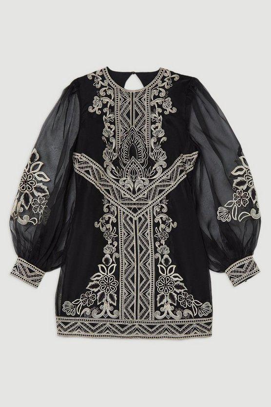 Karen Millen UK SALE Embroidered Organdie Balloon Woven Mini Dress - black